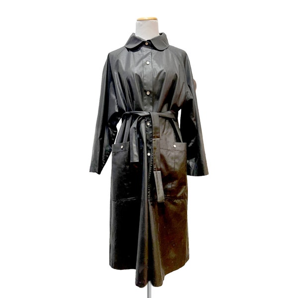 Bonnie Cashin Black Trench Coat with Large Patch Pockets and Tie Belt, Designer Coat, Black Sateen Snap Front Swing Coat, RARE Beautiful