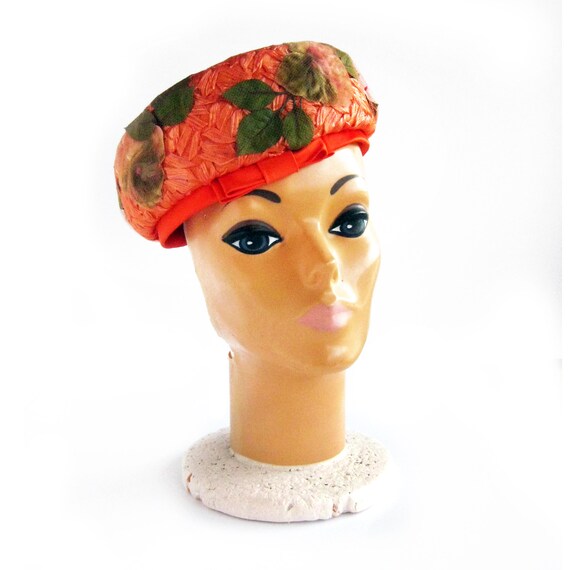 1950s Floral Netted Hat in Bright Orange and Gree… - image 3