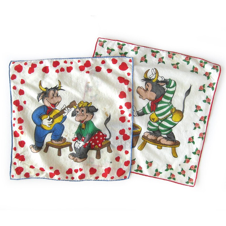Pair of Vintage Cotton Handkerchief Bull Illustrations Child Print 1950s Cotton Hankies