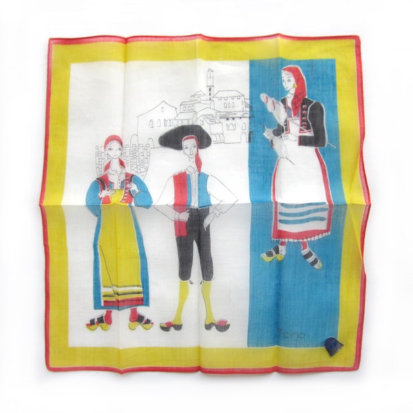 Vintage Hankie, Novelty Print Souvenir Hankie from Ticino Switzerland, People in Traditional Costume Dress, 1960s Unused With Label