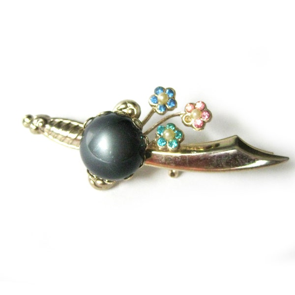 Vintage Sword Brooch, Scimitar Brooch, Moonstone and Rhinestone Flowers, Military Style Pin, Heraldry, Silver Saber Sword Brooch Pin