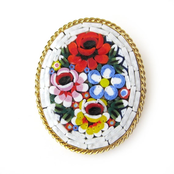 Beautiful Antique Italian Micro Mosaic Brooch, Re… - image 1