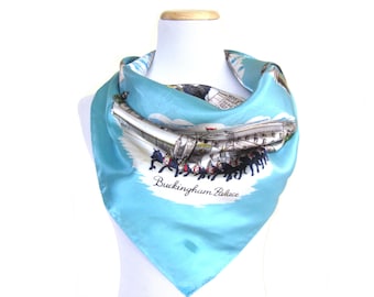 London Travel Souvenir Scarf, Vintage Silky Acetate Scarf with Rolled Hem, Illustrated Scarf with Scenics, Buckingham Palace, Tower Bridge