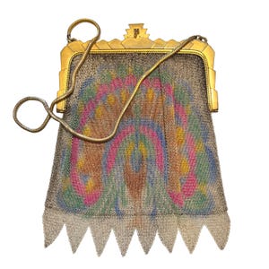 May include: A vintage-style metal mesh handbag featuring a gold-toned frame with a stepped clasp and a matching snake chain strap. The silver-colored mesh body displays a colorful abstract pattern in pink, yellow, blue, and green, ending in a pointed fringe.