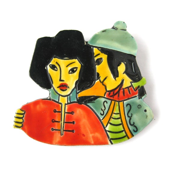 Vintage Hand Painted Brooch, Dark Hair Couple, Ru… - image 1
