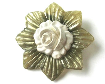 Vintage Floral Brooch, Celluloid Brooch, Green and White, Vintage Jewelry, Forties Jewelry, Rockabilly Style Jewelry, Gift for Her