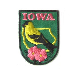 Iowa Patch, State Souvenir Patch, Vintage Embroidered Patch, Goldfinch and Pink Prairie Rose, Collectible Jacket Patch, New in Package