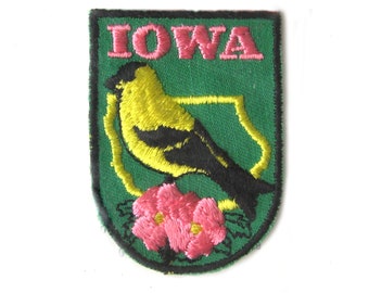 Iowa Patch, State Souvenir Patch, Vintage Embroidered Patch, Goldfinch and Pink Prairie Rose, Collectible Jacket Patch, New in Package