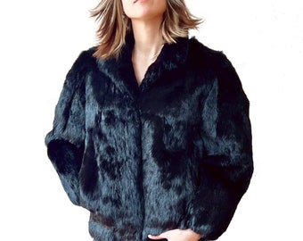 1970s Rabbit Fur Jacket, Jet Black Winter Coat, Short Fur Coat, Fur Baseball Jacket, Black Fur Coat, Hong Kong Label / Size M
