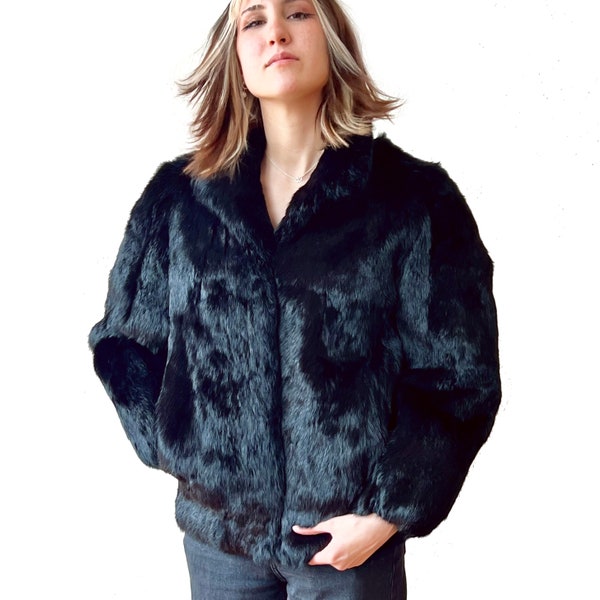1970s Rabbit Fur Jacket, Jet Black Winter Coat, Short Fur Coat, Fur Baseball Jacket, Black Fur Coat, Hong Kong Label / Size M