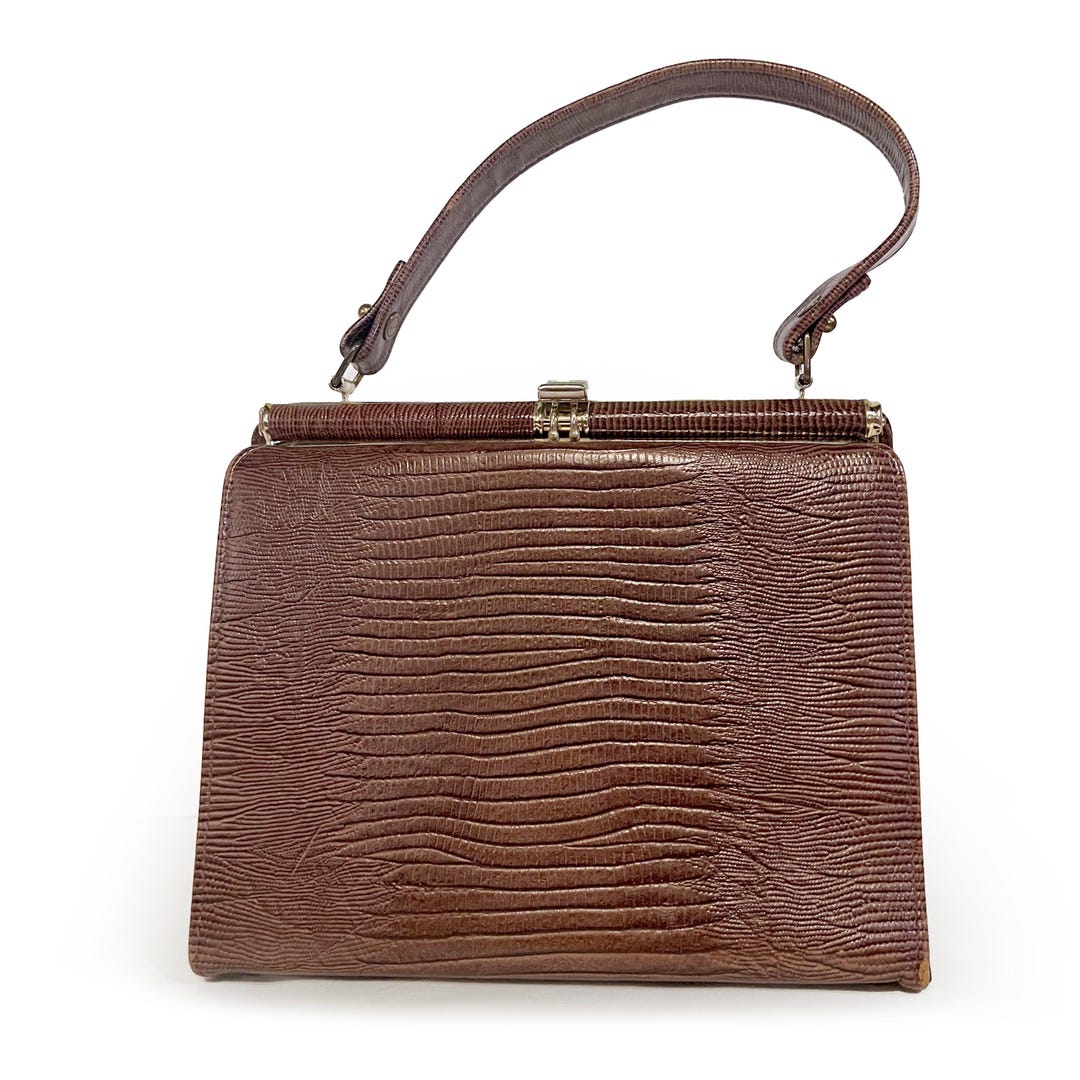 1950s Lizard Reptile Handbag With Gold Tone Clasp, Brown Kelly Bag