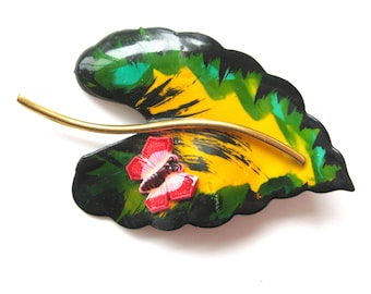 Vintage Enamel LEAF Brooch with Butterfly, Fall Colors Jewelry, Made in Germany, Large Leaf Pin, Orange Green and Pink Butterfly