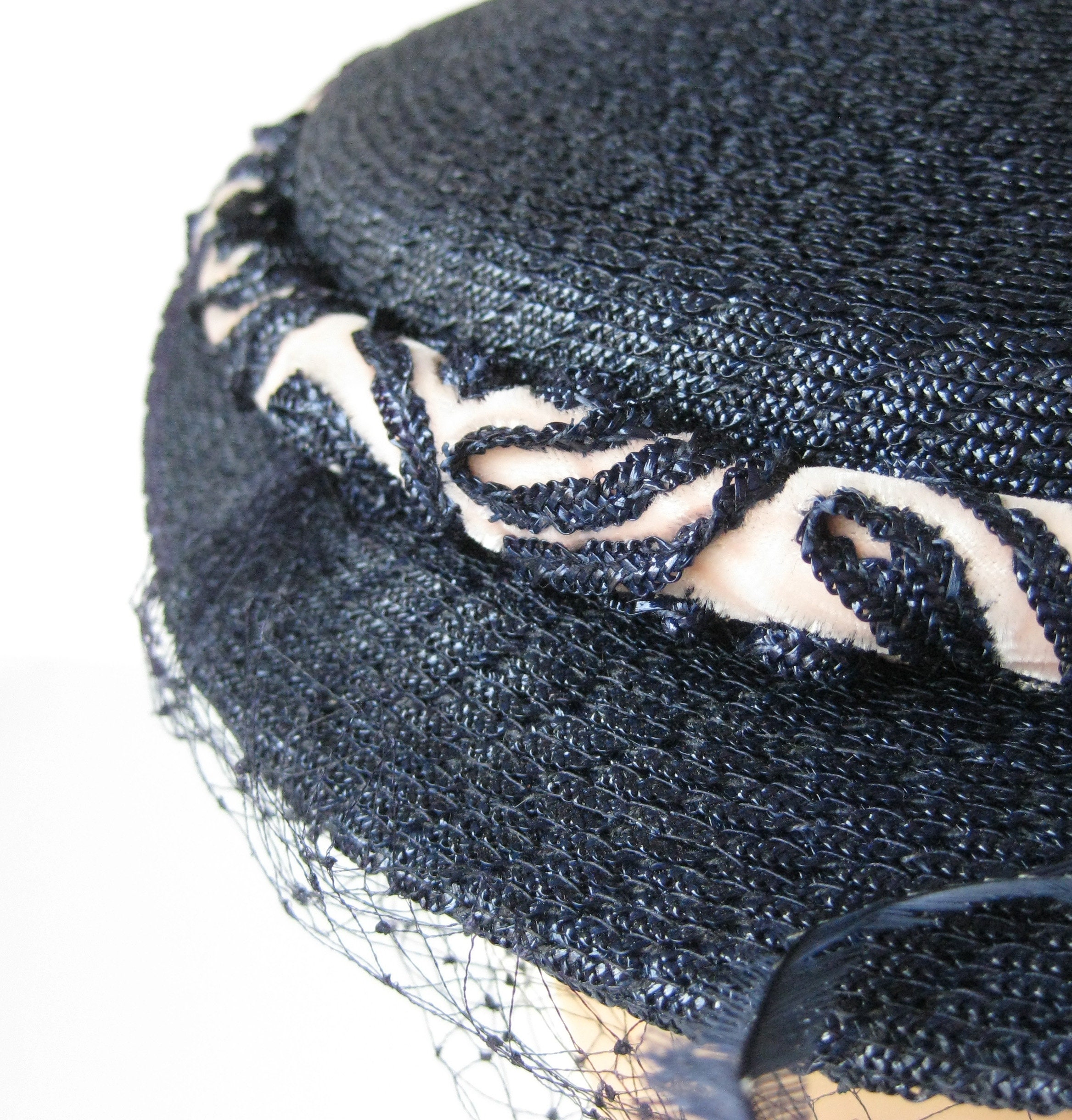 Vintage 1950s Navy Woven Straw Hat, netting, velvet ribbon Vintage Straw Hat With Navy Ribbon - Etsy main image 3