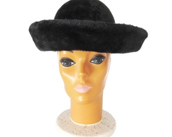 Vintage Black Faux Fur Hat with Grosgrain Bow and Turned Up Brim, Betmar Woman's Hat, Fashion Hat, Madeline Style Hat, Milady Made in the UK