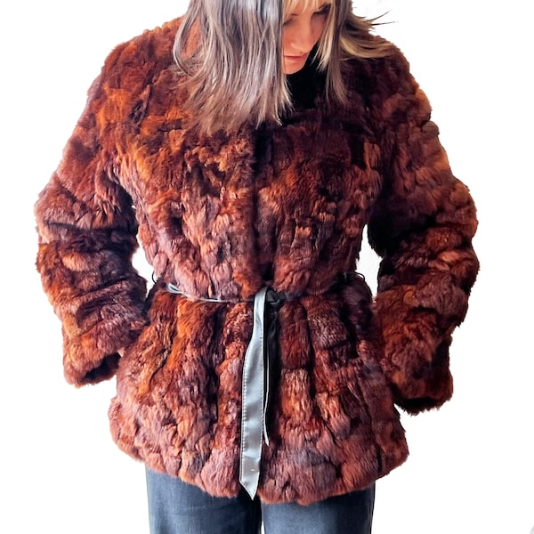 1970s Brown Rabbit Fur Jacket with Leather Sash Belt, Winter Coat, Short Fur Coat, Brown Patchwork Fur Coat, Hong Kong Label / Size M
