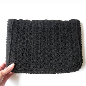 1950s Vintage Inky Black Crochet Handbag, Rockabilly Style VLV, Large Black Crocheted Clutch, Walborg Made in Italy