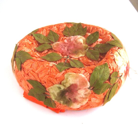 1950s Roberta Bernays Floral Raffia Hat, Orange & Green  display picture 3