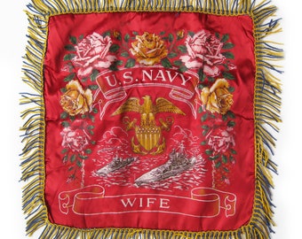 US Navy Souvenir Throw Pillow Sham with ROSES, Sweetheart Gift, Retro Mid Century, Navy Wife, Collectible Textiles, Home Decor, Red Pillow