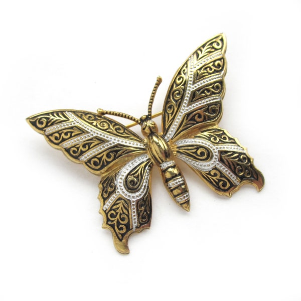 Vintage Damascene BUTTERFLY Brooch, Enameled Jewelry, Silver and Gold Tone Metal with Black Enamel, Ornate Scarf Pin, Butterfly Brooch