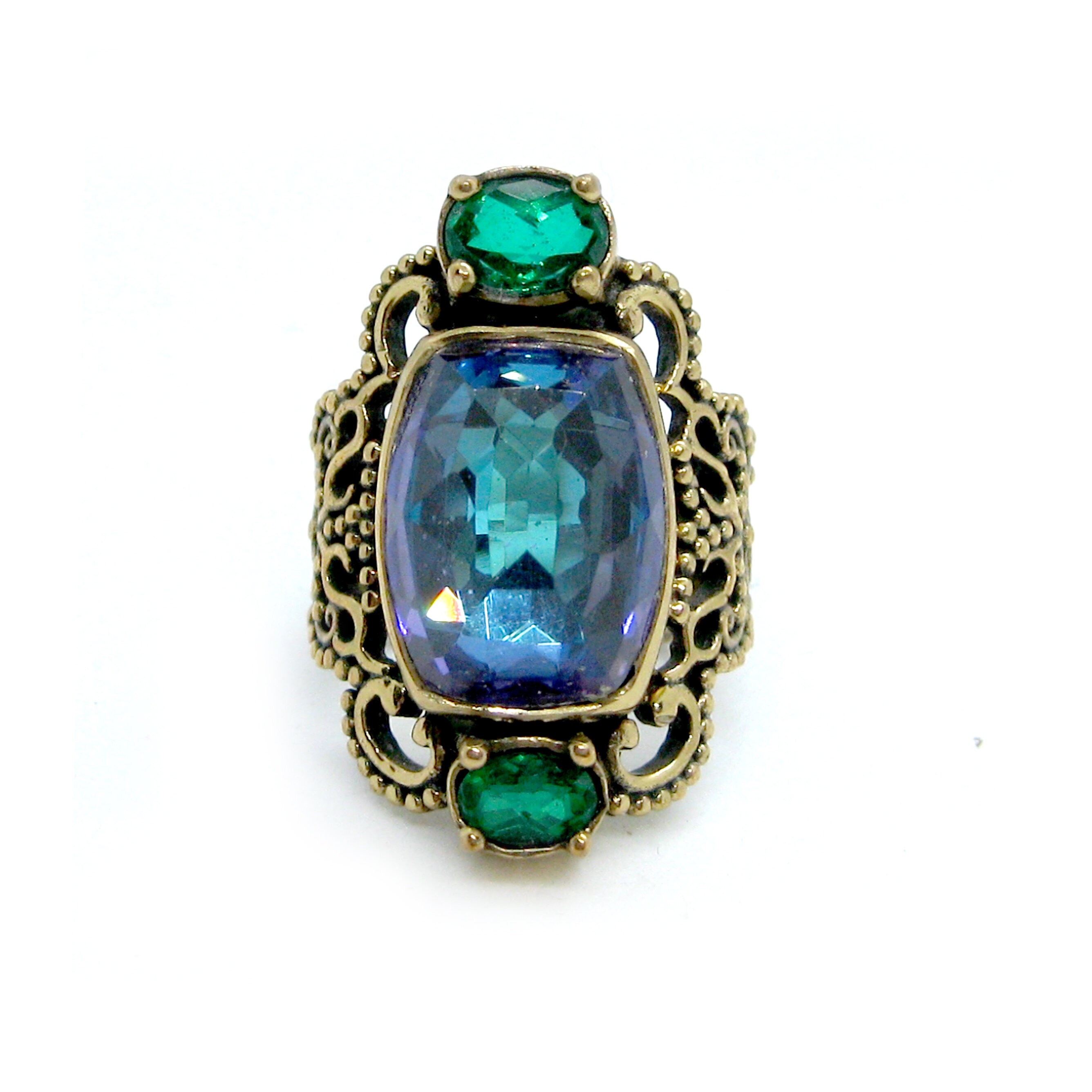 Sajen Ring With Large Sparking Facetted Glass Stone, Brass