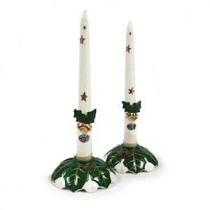 Vintage Christmas Candle and Candle Holders, A Fairyland Import Hand Painted Japan Ceramic Candle Sticks with Holly Base / Pair
