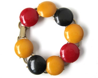 Vintage Bakelite Link Bracelet, Tri-color Bakelite Bracelet with Black, Red and Butterscotch Dots, Old Plastic, Catalin