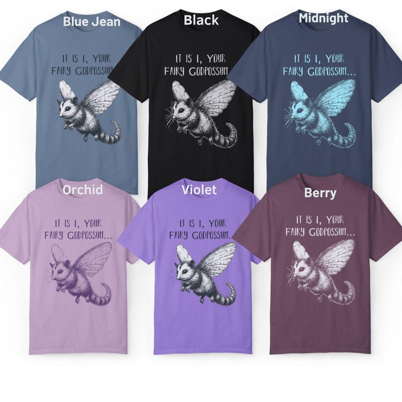 May include: Six different color t-shirts with a graphic of a flying opossum with the text "It is I, your fairy godpossum..." printed on the front.