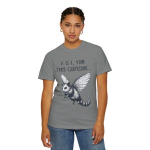 Funny Possum T-Shirt: 'Fairy Godpossum' Quirky Humor Tee Grey
