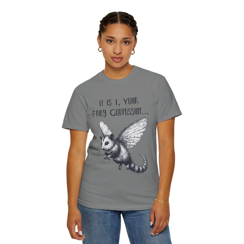 Funny Possum T-Shirt: 'Fairy Godpossum' Quirky Humor Tee Grey