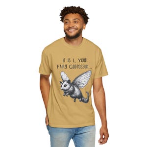 Funny Possum T-Shirt: 'Fairy Godpossum' Quirky Humor Tee Mustard