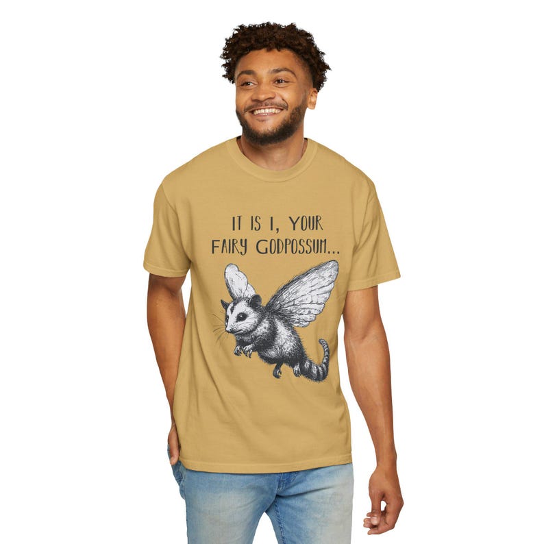 Funny Possum T-Shirt: 'Fairy Godpossum' Quirky Humor Tee Mustard
