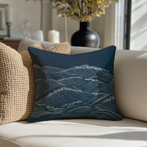 Japanese Wave Blue Spun Polyester Square Pillow, design A3, 1pc