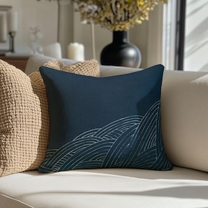 Japanese Wave Blue Spun Polyester Square Pillow, design A10, 1pc