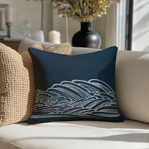 Japanese Wave Blue Spun Polyester Square Pillow, design A7, 1pc