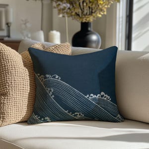 Japanese Wave Blue Spun Polyester Square Pillow, design A2, 1pc