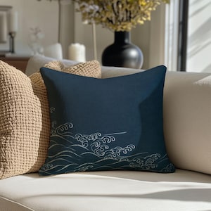 Japanese Wave Blue Spun Polyester Square Pillow, design A4, 1pc