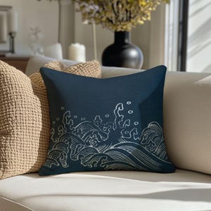 Japanese Wave Blue Spun Polyester Square Pillow, design A8, 1pc