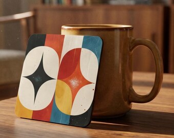 Mid Century Modern Cork Coasters Set of 4, Retro Geometric Drink Coasters, Atomic Coffee Table Decor