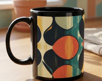 Mid Century Modern Black Mug, Retro Geometric Coffee Cup, Atomic Mod Ceramic Mug, Abstract Kitchen Decor Gift