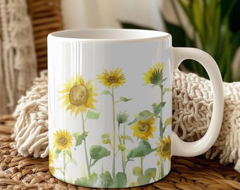 Sunflower Coffee Mug, Watercolor Floral Cup, Botanical Ceramic Mug, Cottagecore Gift for Plant Moms Gardeners, 11oz or 15oz, Gift for Her