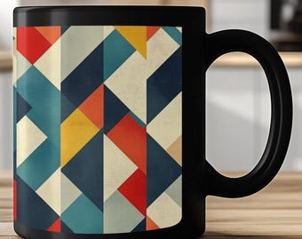 Midcentury Modern Coffee Mug, Black Geometric Ceramic Cup, Retro Design Gift for Him Her