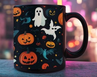 Halloween Ghost Pumpkin Ceramic Mug, Spooky Cute Coffee Cup (11oz and 15oz)