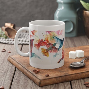 Colorful Birds in Flight Coffee Mug, Watercolor Ceramic Cup Gift for Bird Lover & Her, Artistic Bird Drawing Drinkware