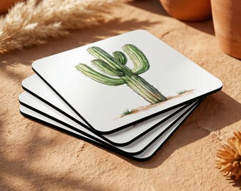 Cactus Coaster Set, Cork Drink Coasters with High Gloss Top, Plant Lover Gift, Desert Home Decor, Housewarming Gift