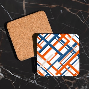 Cork Coasters Set of 4 Blue & Orange Modern Square Drink Coasters Wine Bar Home Decor