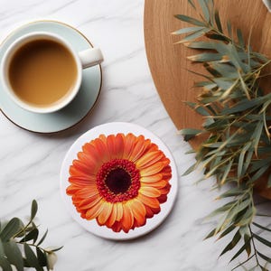 Orange Daisy Ceramic Coaster, Circle and Square Coaster Set, Flower Themed Coasters, Ceramic Coasters, Mothers Day Present
