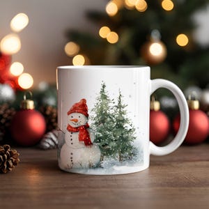Snowman Mug with Red Hat - Ceramic Christmas Coffee Cup, 11oz & 15oz Holiday Gift, Cute Winter Drinkware