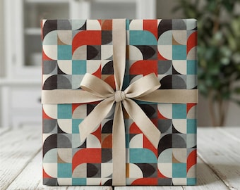 Mid Century Modern Geometric Gift Wrap, Retro Wrapping Paper, Satin Matte Holiday Paper