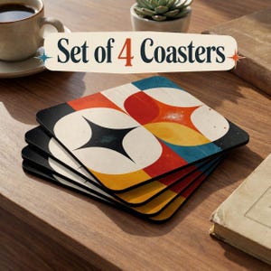 May include: A set of 4 square coasters featuring a geometric pattern with black, white, red, yellow, and blue shapes. The text "Set of 4 Coasters" is printed in dark blue and orange on a cream-coloured banner overlaying the image.