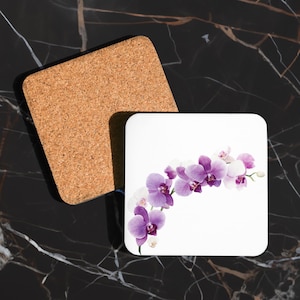 Orchid Drink Coaster, Square Cork Coasters, Housewarming Gift, Cork Bottom Coasters, 4-piece set, Mothers Day Present